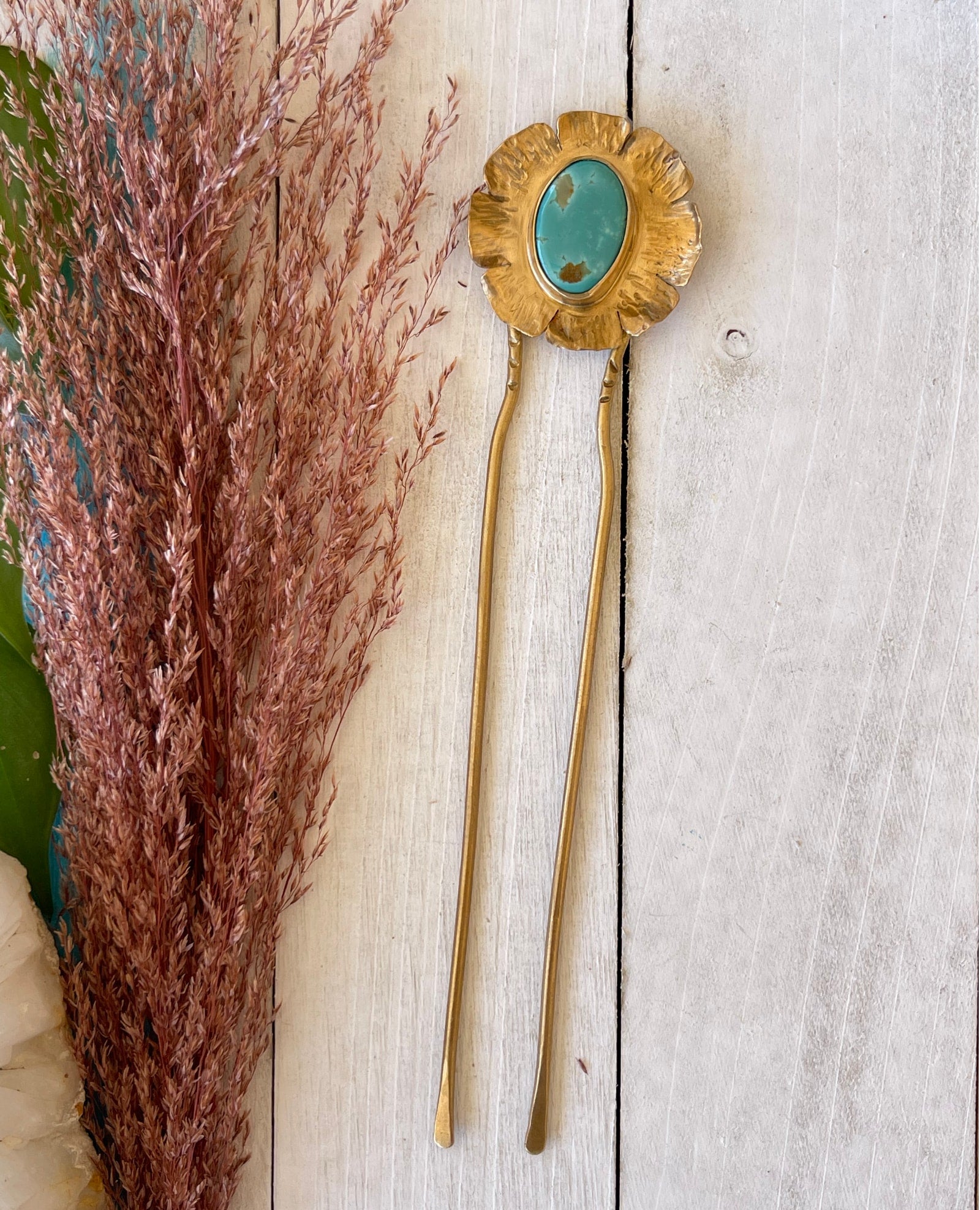 Turquoise Flower Hair Pin - With Brass Pin.