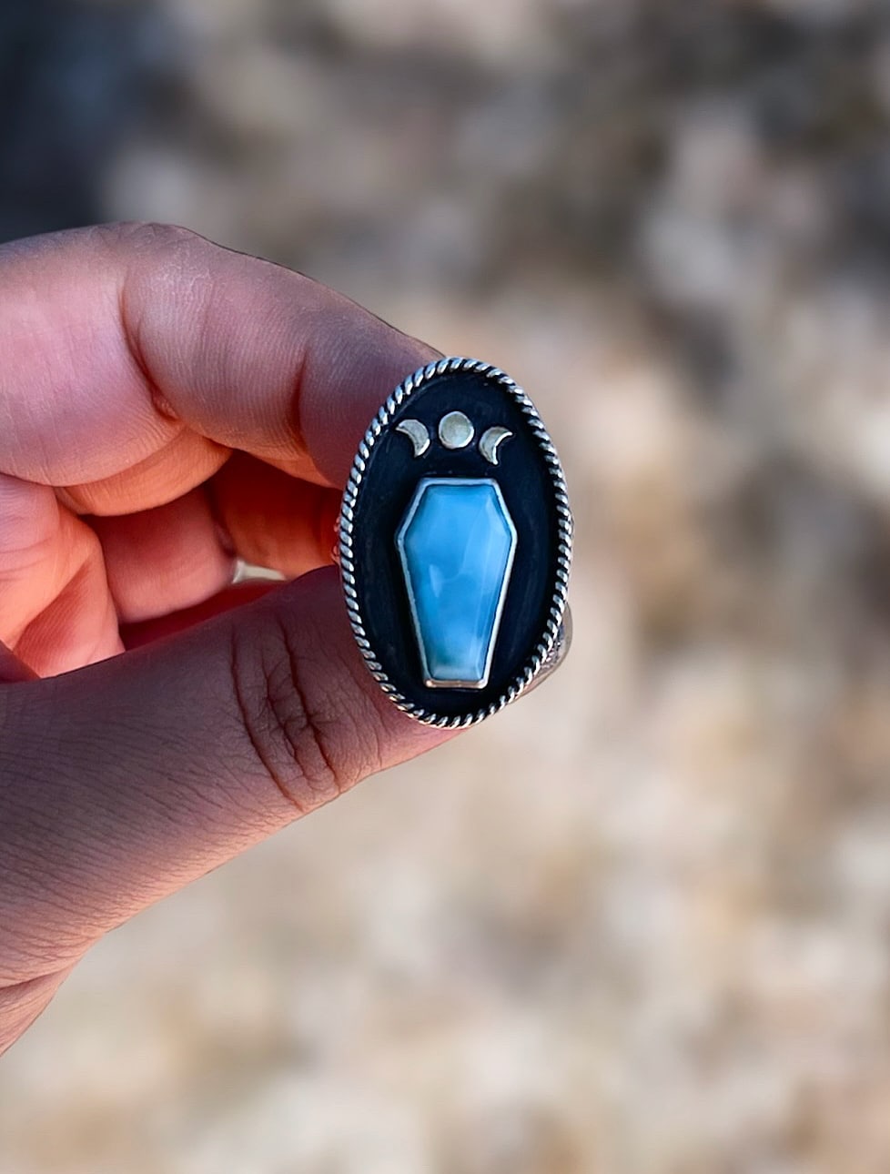 Larimar coffin stone moon phase silver ring