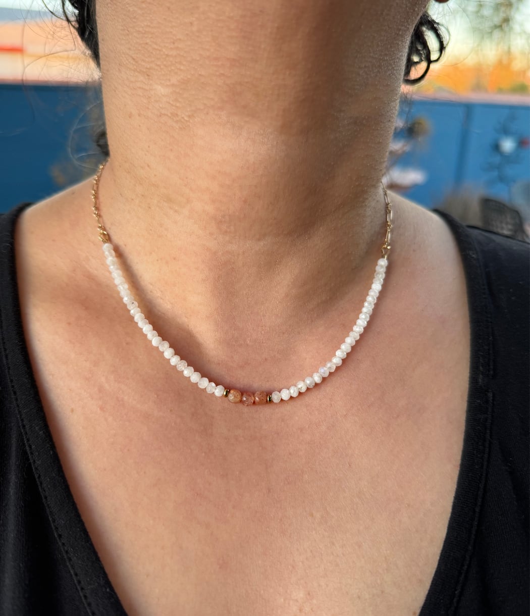 Moonstone and sunstone beaded gold fill necklace worn