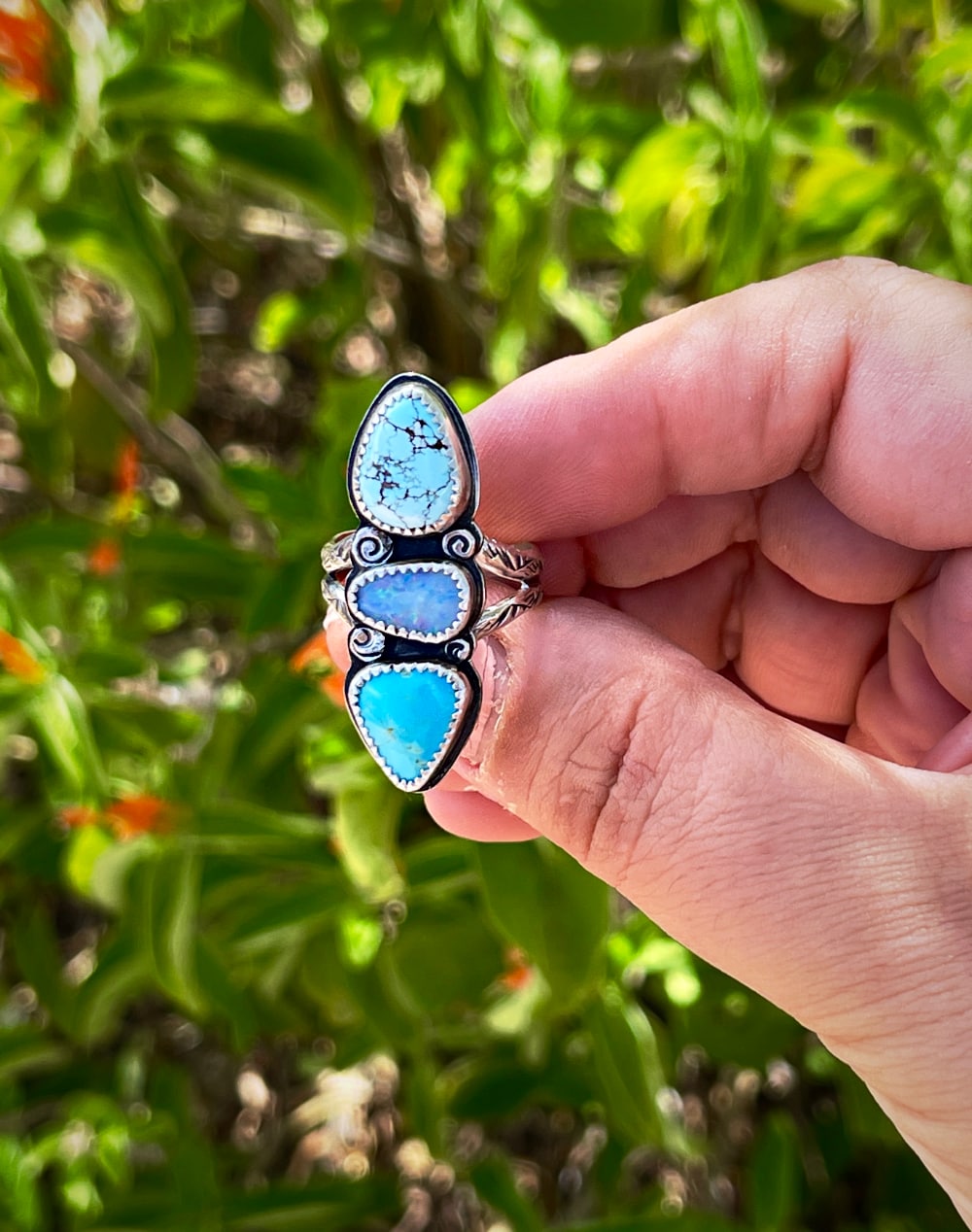 Turquoise and Australian opal multistone sterling silver ring with handstamped details and band