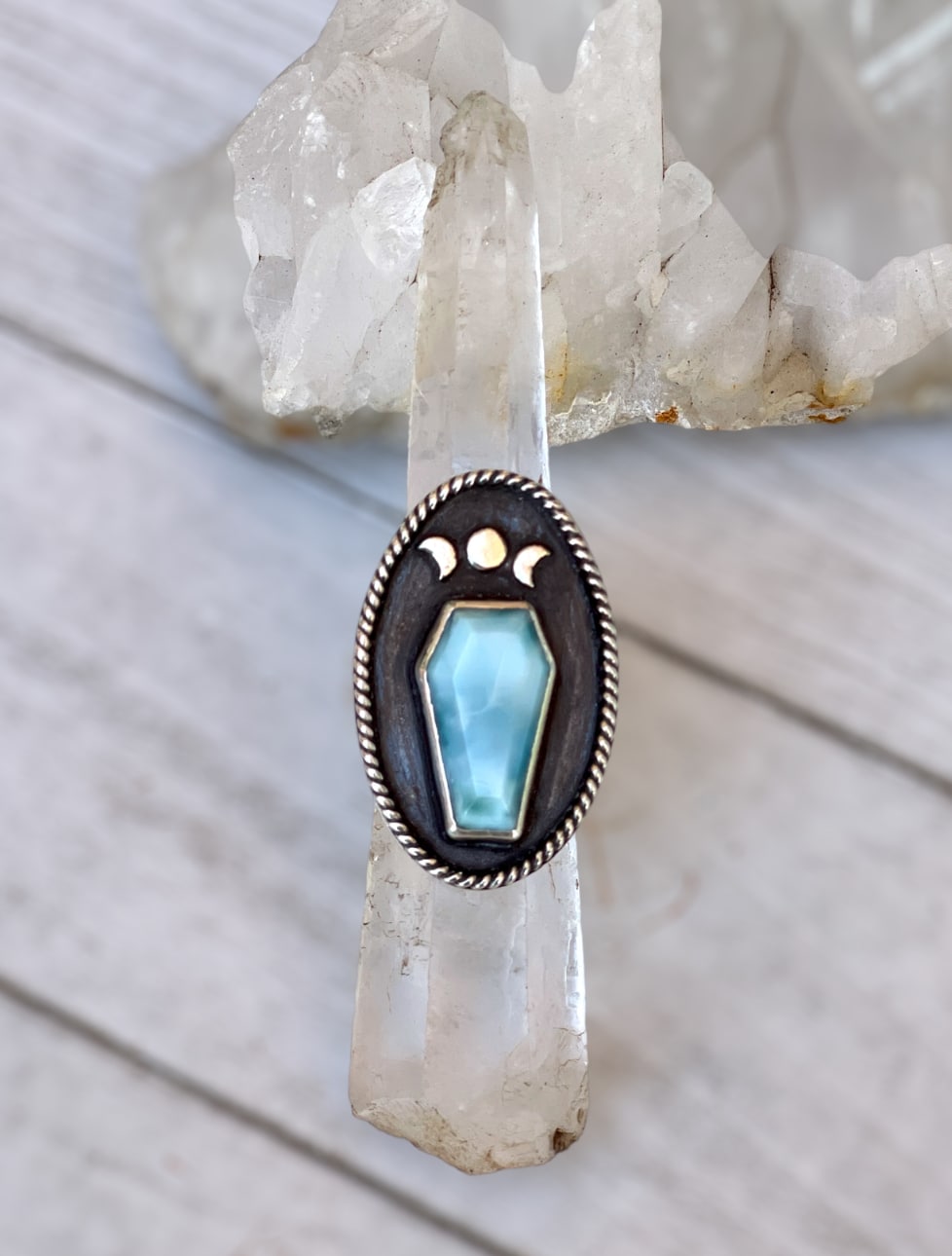 Larimar coffin stone moon phase silver ring