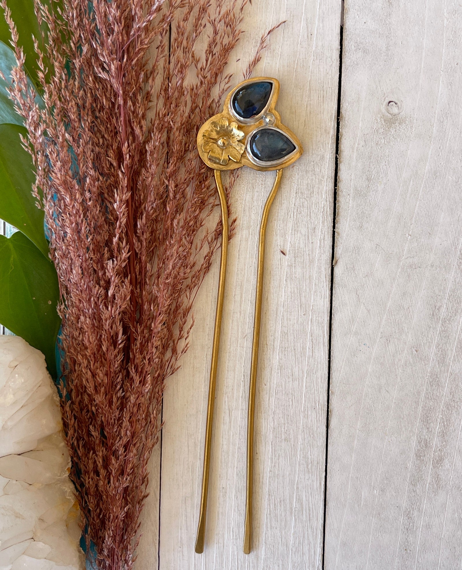 labradorite, flower, brass and sterling silver hair fork