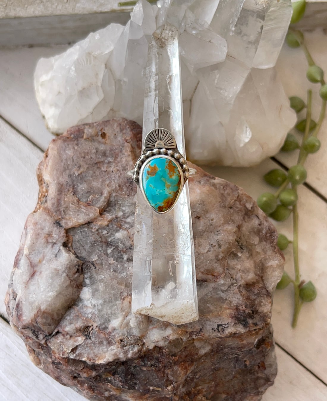 Greenish blue teardrop shaped Royston turquoise sterling silver ring with handstamped details.