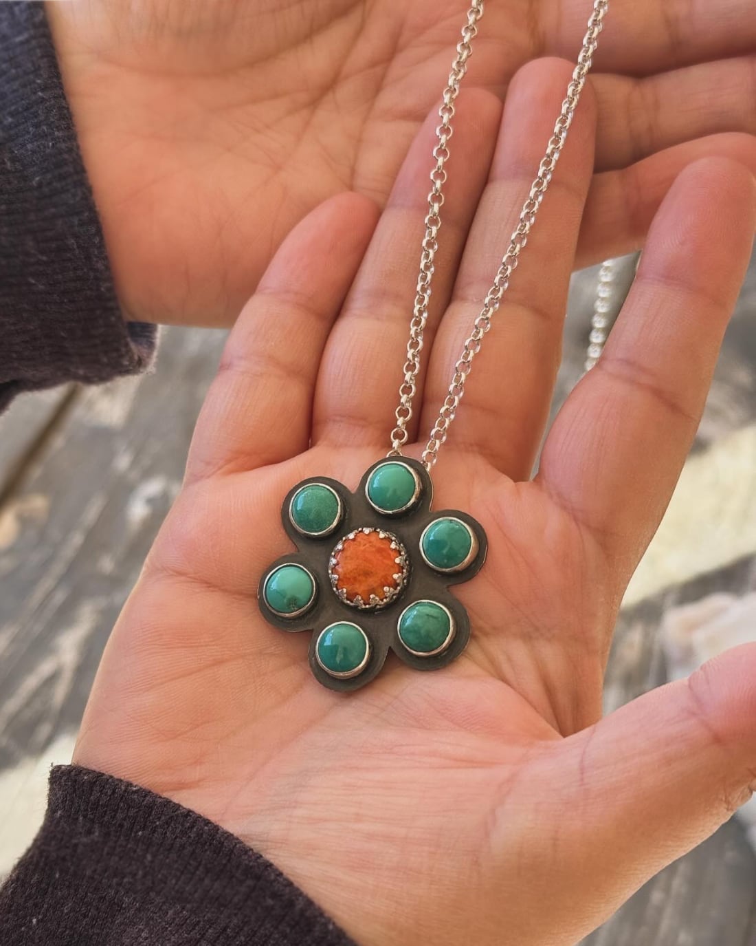 Coral and turquoise stones flower shaped handmade sterling silver necklace. Boho southwest vibe necklace.