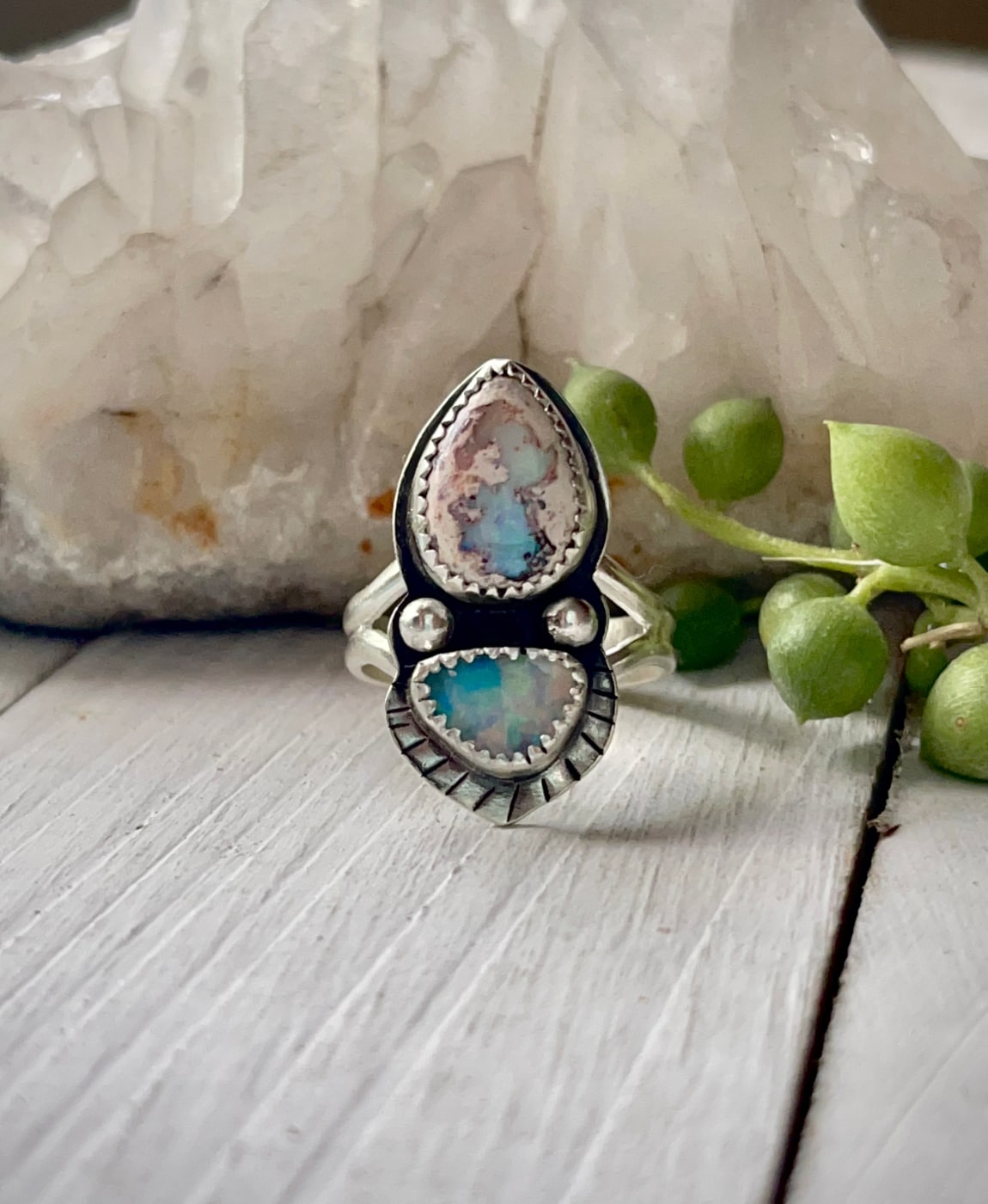 Teardrop shape mexican fire opal stone and an australian opal doublet ring in sterling silver