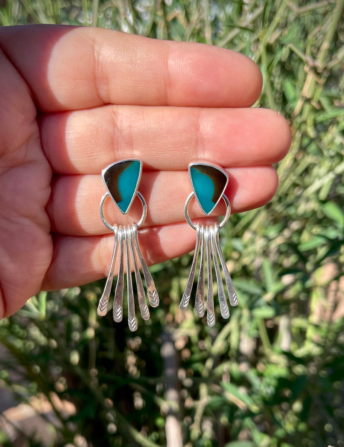 Blue opalized petrified wood sterling silver dangle fringe earrings