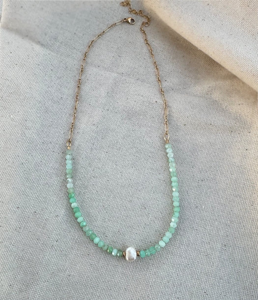 Chrysoprase and pearl beads with gold fill chain boho necklace