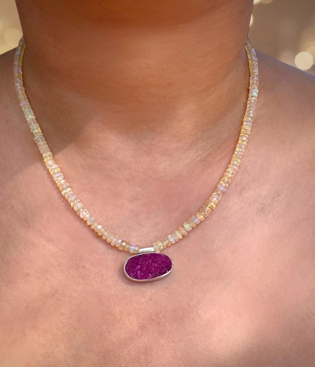 Cobalto Calcite Druzy & Ethiopian Opal Beaded Necklace - Sky Island Jewelry