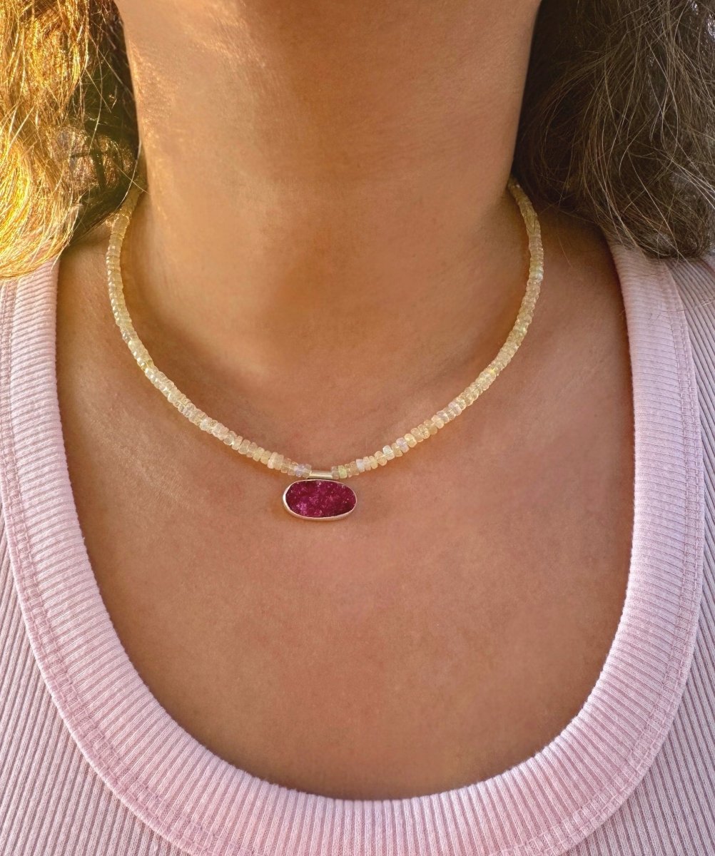 Cobalto Calcite Druzy & Ethiopian Opal Beaded Necklace - Sky Island Jewelry