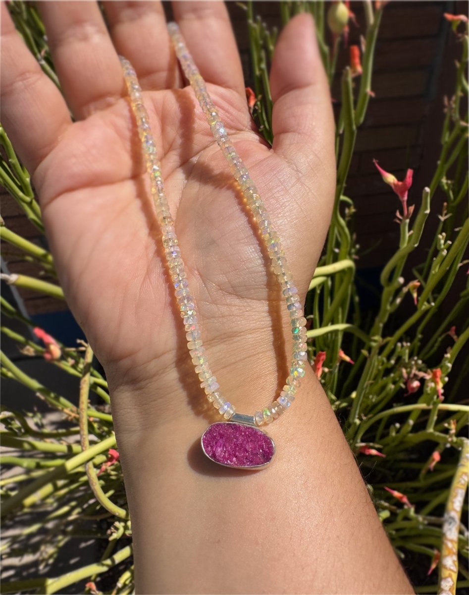 Cobalto Calcite Druzy & Ethiopian Opal Beaded Necklace - Sky Island Jewelry