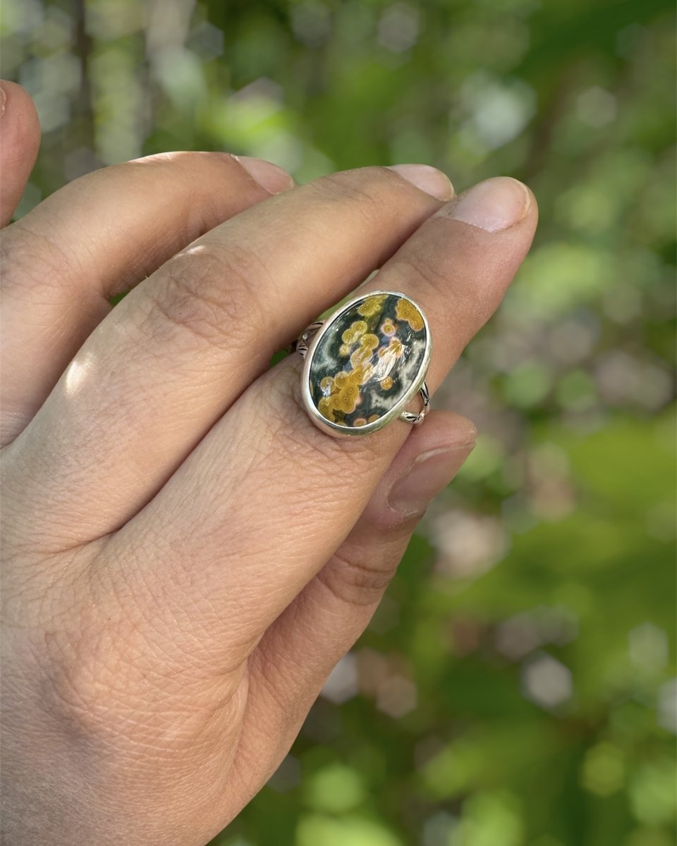 Green and pink Ocean Jasper Ring worn on hand - Sky Island Jewelry