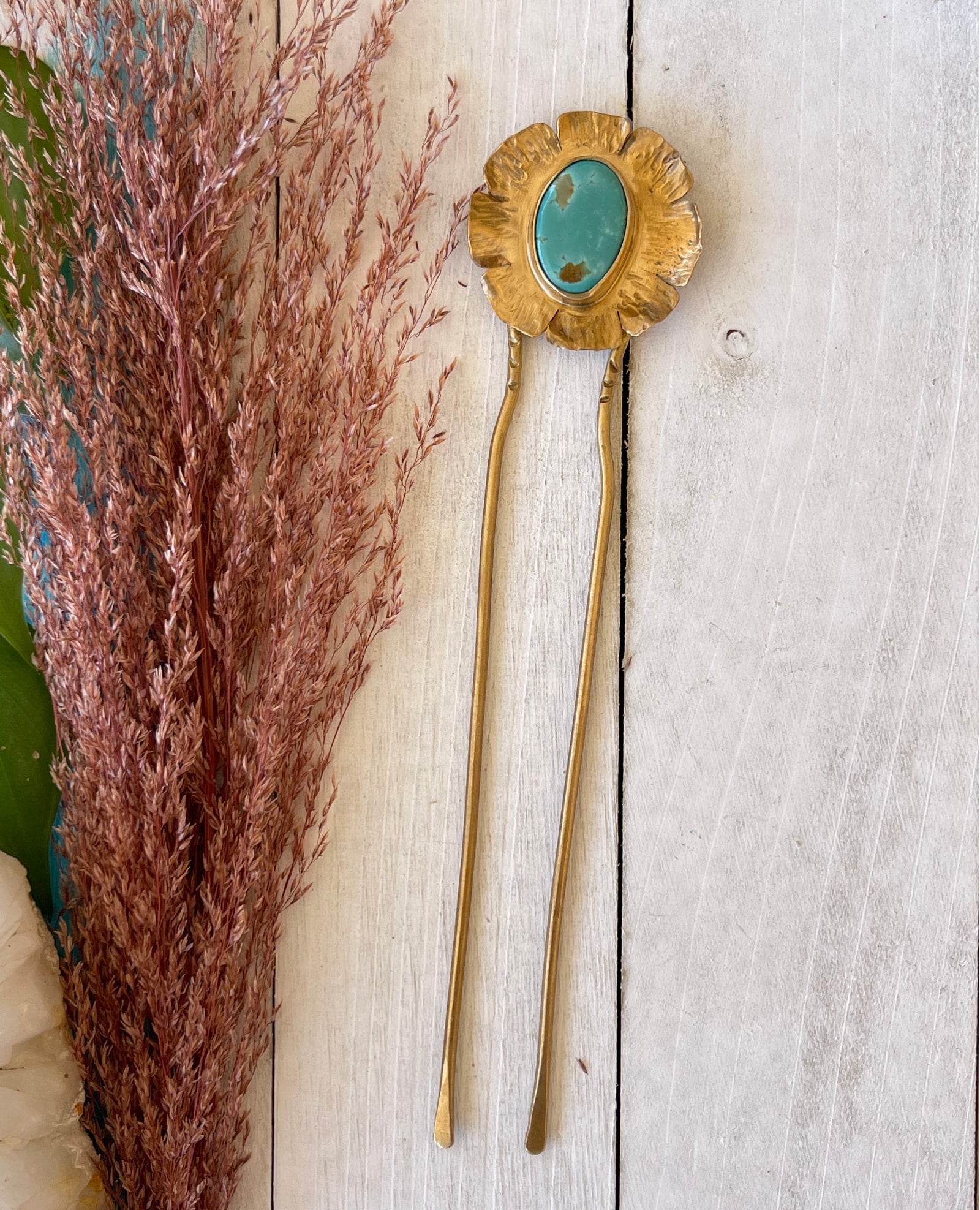 hammered flower and turquoise hair fork