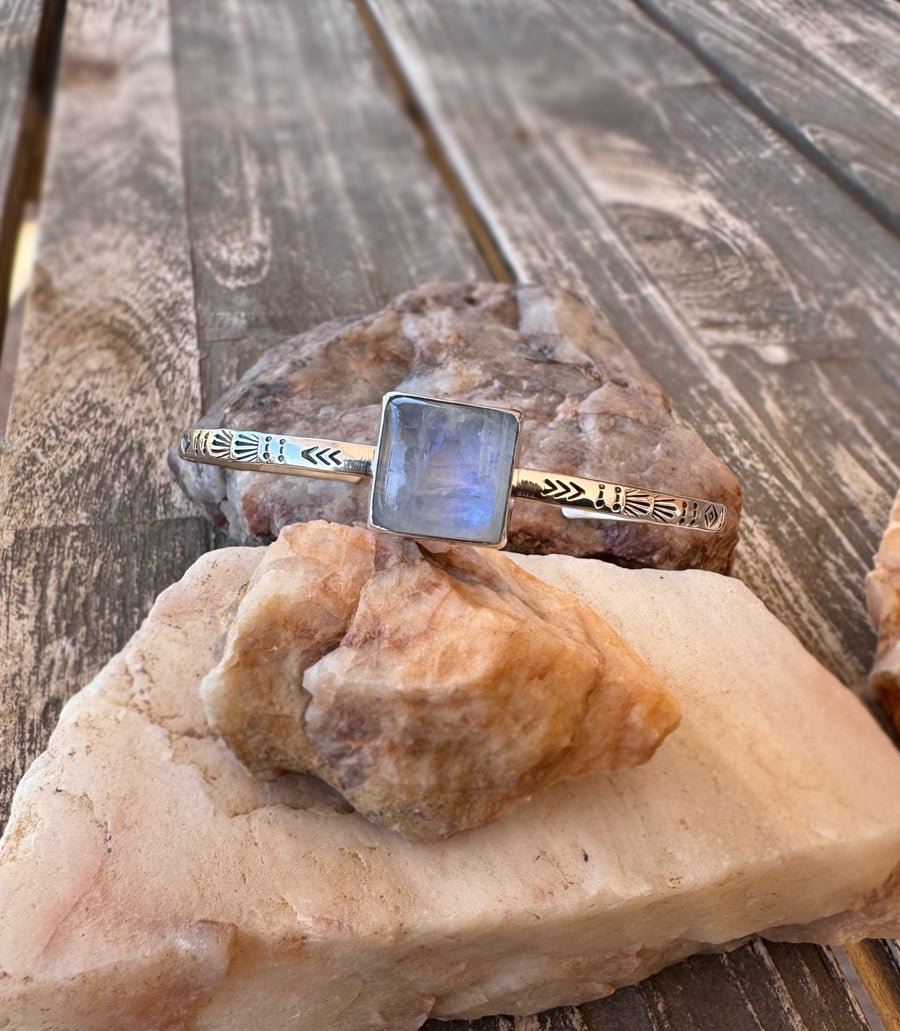 Hand Stamped Rainbow Moonstone Cuff - Sky Island Jewelry