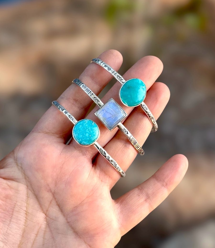 Hand Stamped Turquoise Modern Cuff Bangle - Sky Island Jewelry