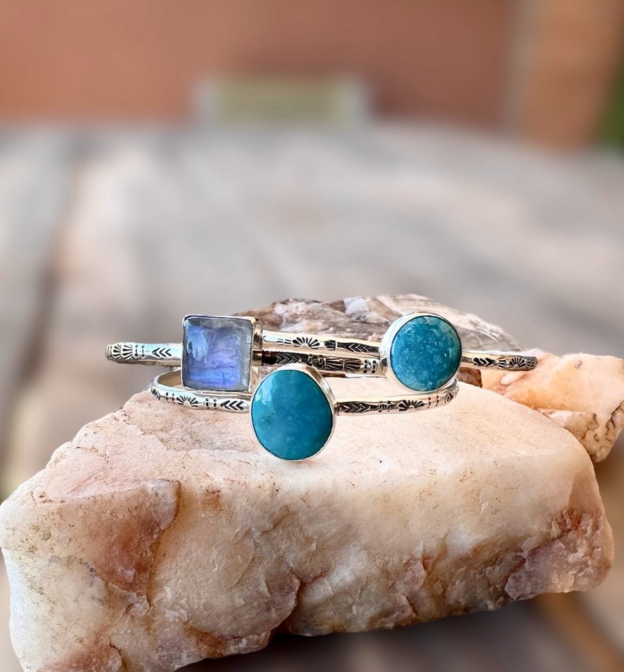 Hand Stamped Turquoise Modern Cuff Bangle - Sky Island Jewelry