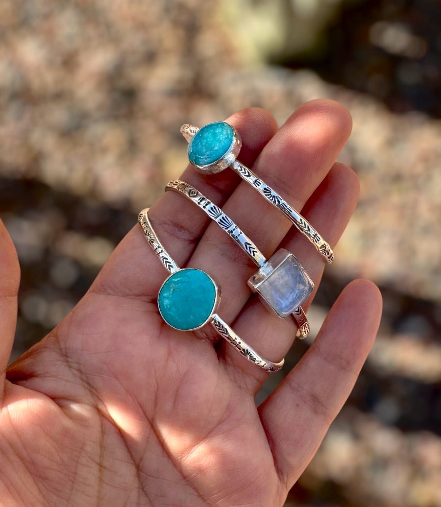 Hand Stamped Turquoise Modern Cuff Bangle - Sky Island Jewelry