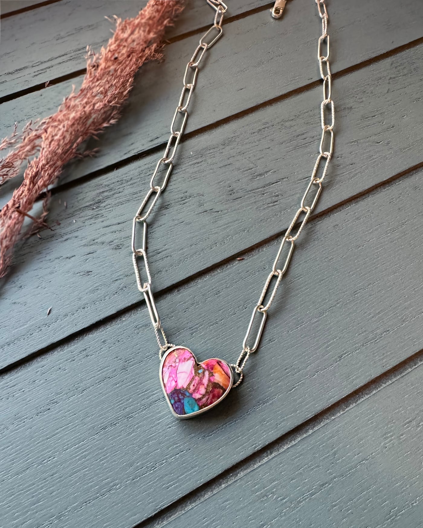 Handmade paperclip chain with a heart shaped stone pendant