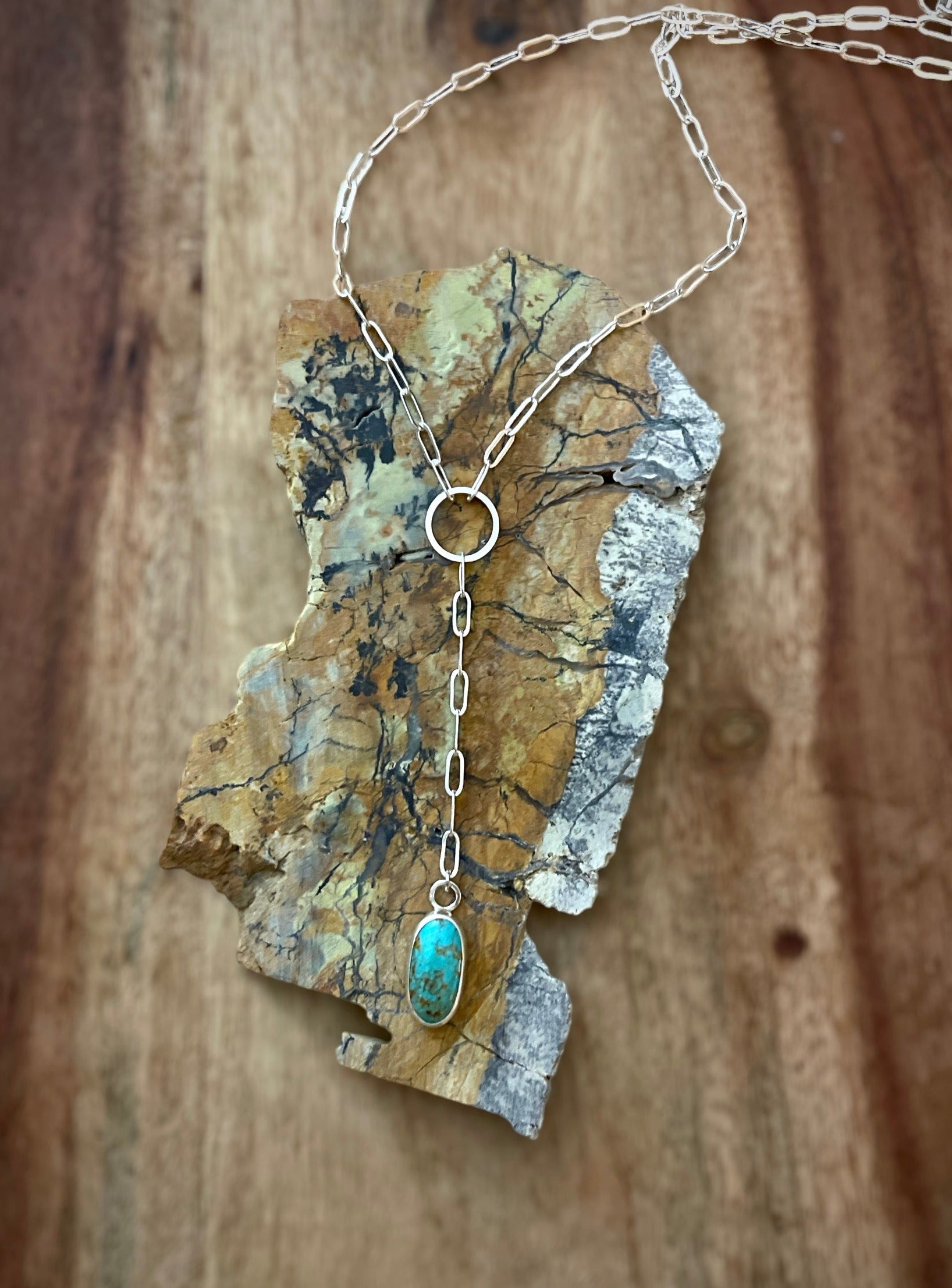 turquoise lariat necklace on sterling silver paper clip chain