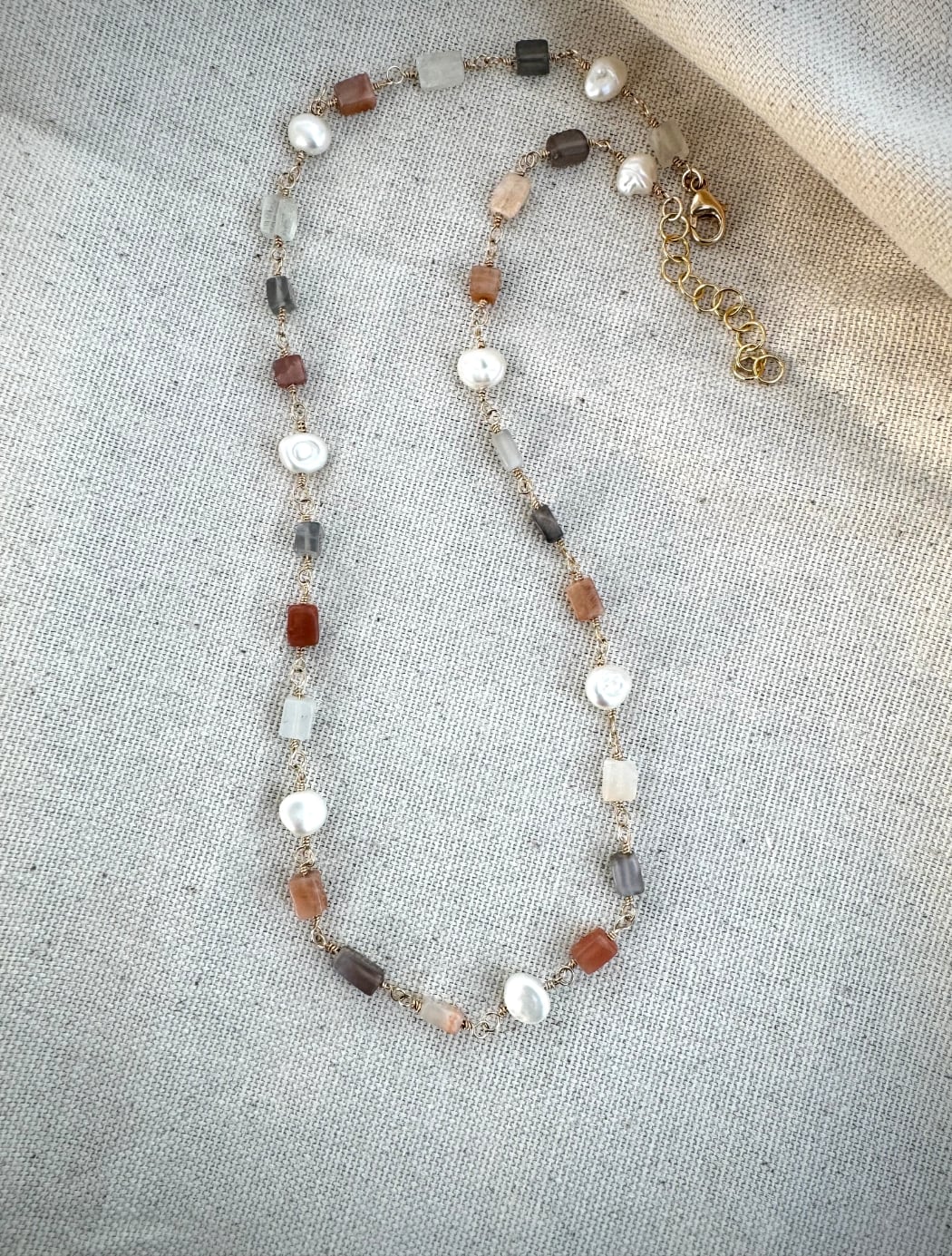 Moonstone and pearls wire wrapped layering necklace