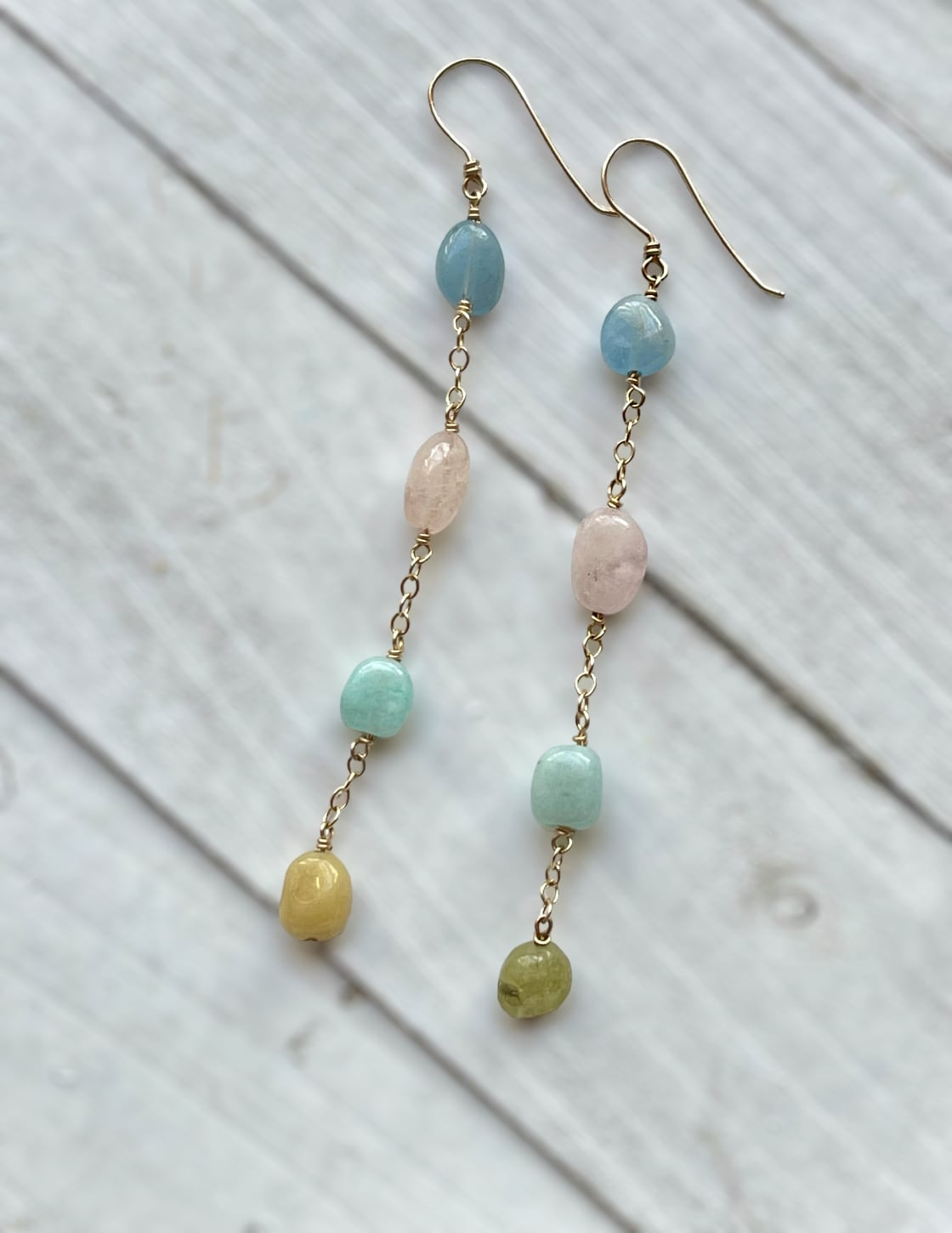 Pastel morganite and amazonite multistone bead dangle earrings