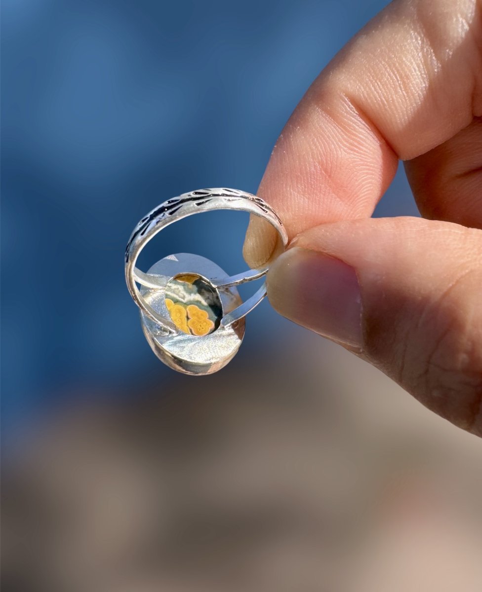 Green and pink Ocean Jasper Ring cutout in back - Sky Island Jewelry