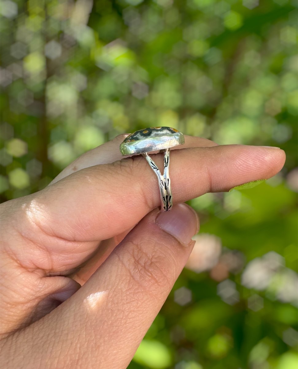 Green and pink Ocean Jasper stamped band ring - Sky Island Jewelry