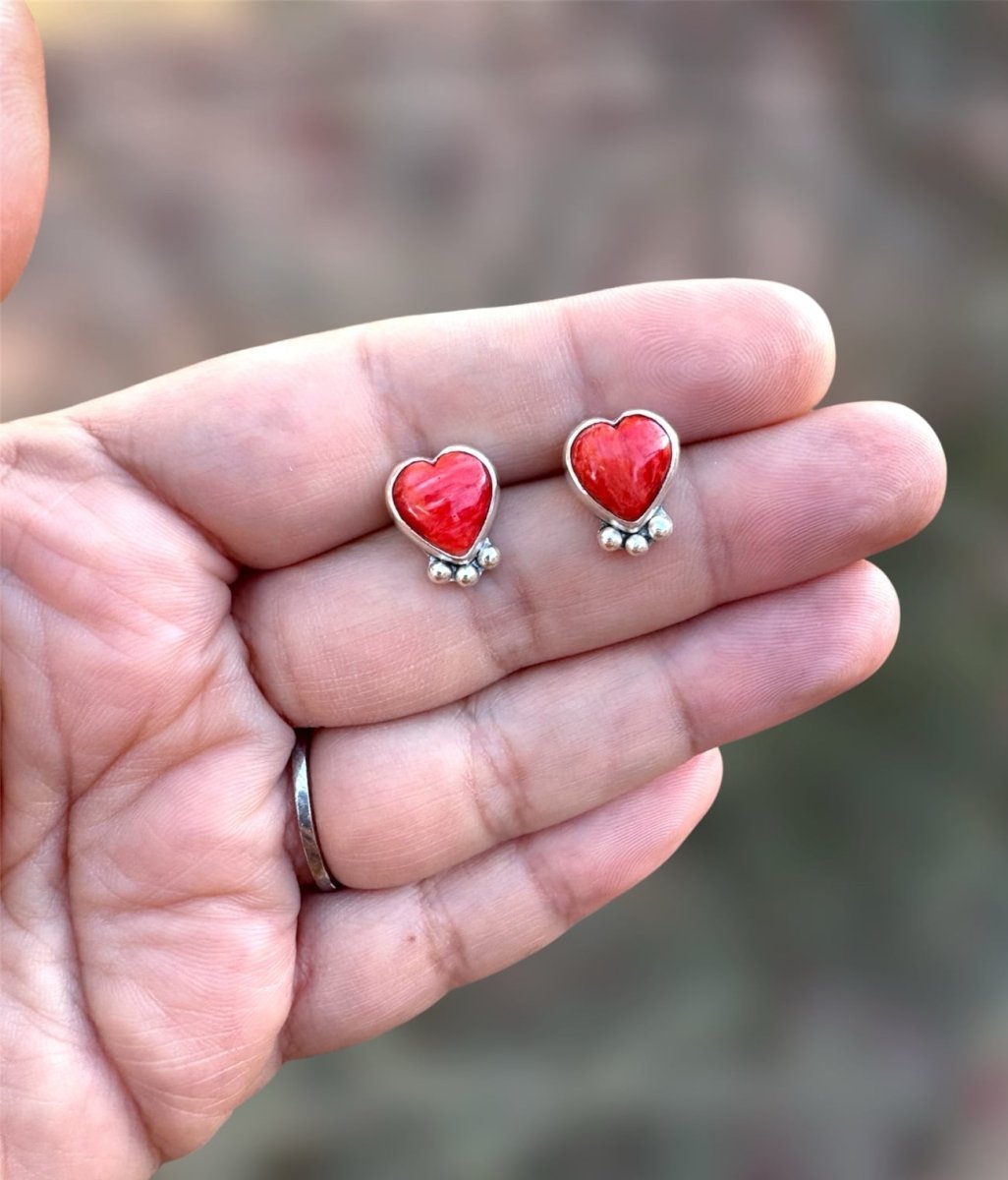 Orange-Red Spiny Oyster Heart Studs - Sky Island Jewelry