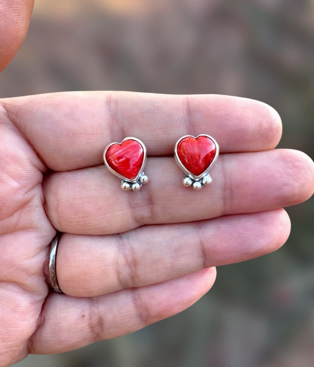 Orange-Red Spiny Oyster Heart Studs - Sky Island Jewelry