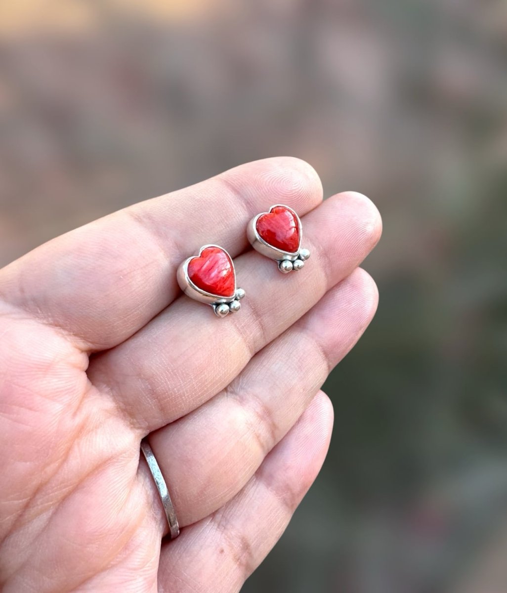 Orange-Red Spiny Oyster Heart Studs - Sky Island Jewelry
