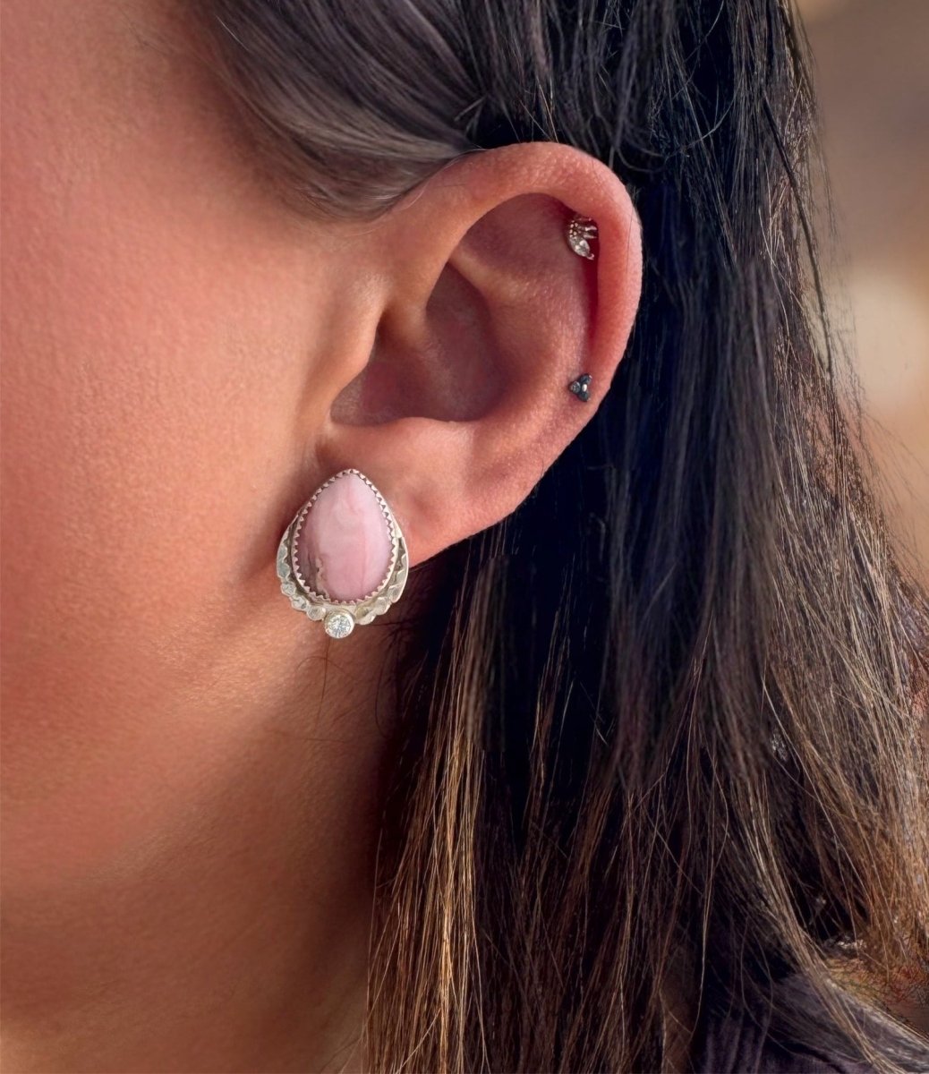 Pink Opal & Cubic Zirconia Stud Earrings - Sky Island Jewelry