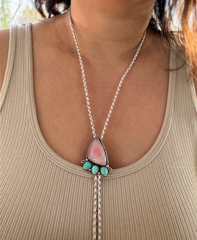 Pink Opal & Turquoise Bolo Tie - Sky Island Jewelry