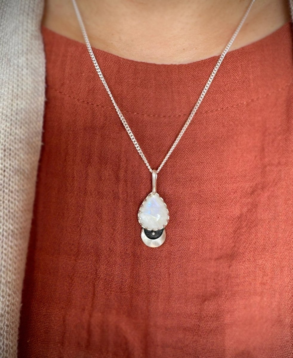 Rainbow Moonstone Dot Moon Necklace - Sky Island Jewelry