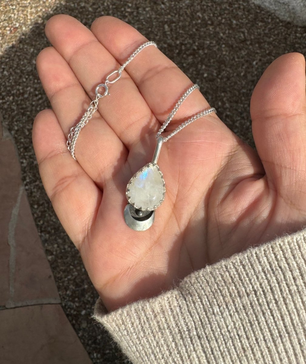 Rainbow Moonstone Dot Moon Necklace - Sky Island Jewelry