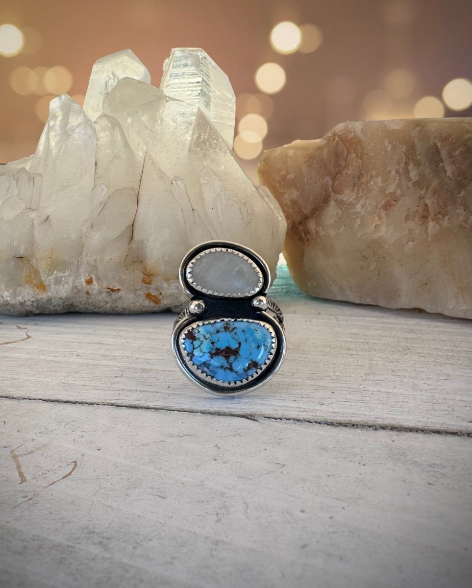 Rainbow Moonstone & Golden Hills Turquoise Ring - Sky Island Jewelry