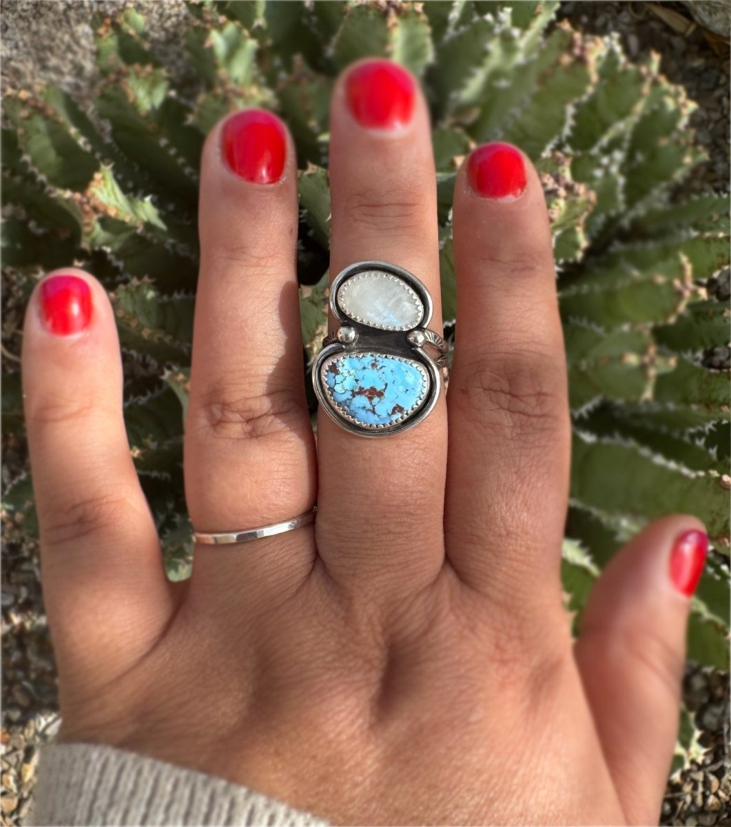 Rainbow Moonstone & Golden Hills Turquoise Ring - Sky Island Jewelry