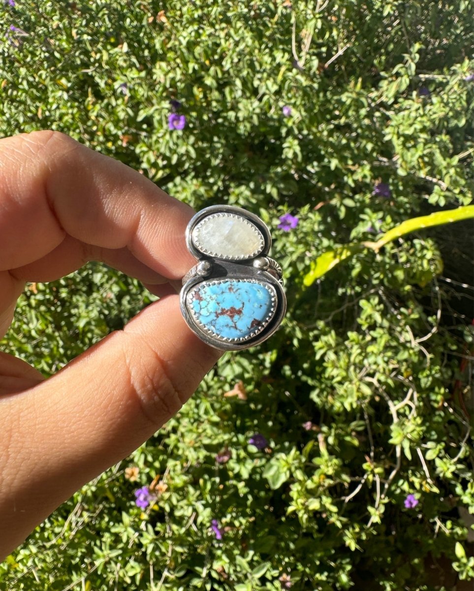 Rainbow Moonstone & Golden Hills Turquoise Ring - Sky Island Jewelry