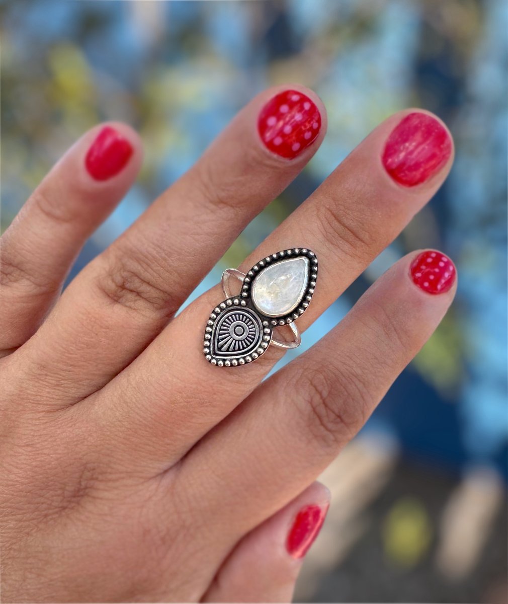 Rainbow Moonstone Stamped Ring - Sky Island Jewelry