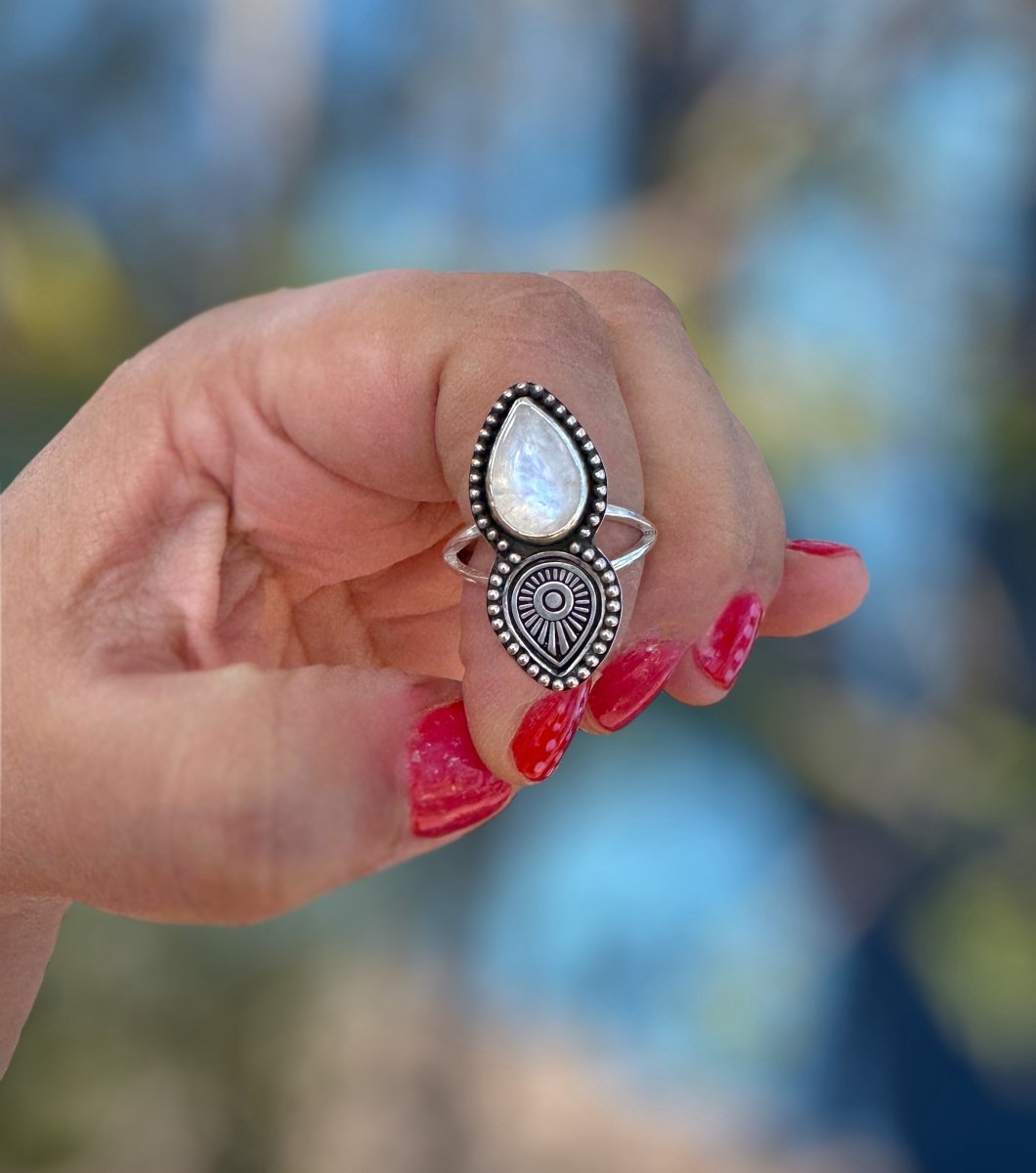 Rainbow Moonstone Stamped Ring - Sky Island Jewelry