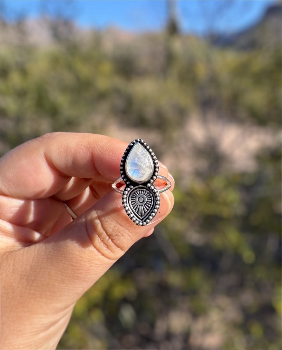 Rainbow Moonstone Stamped Ring - Sky Island Jewelry