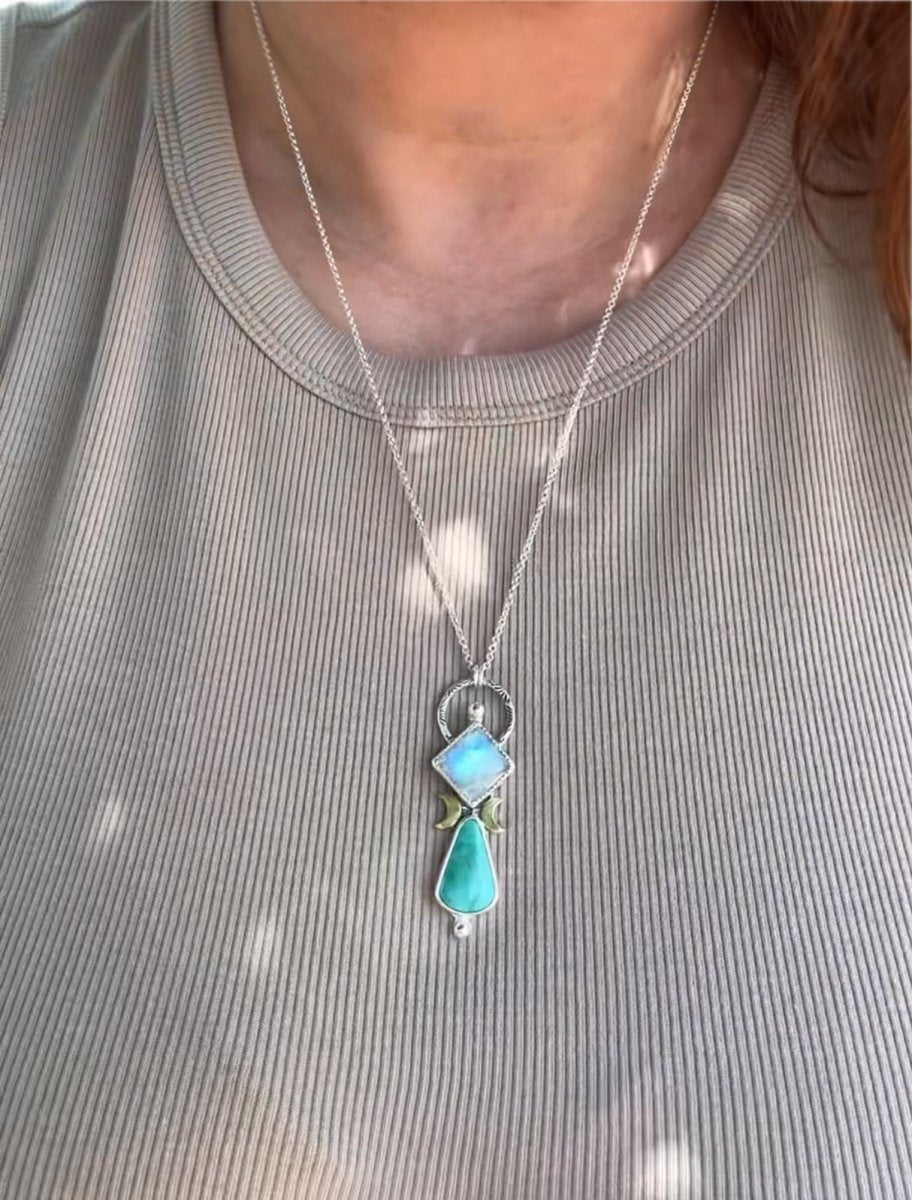 Rainbow Moonstone & Turquoise Necklace - Sky Island Jewelry