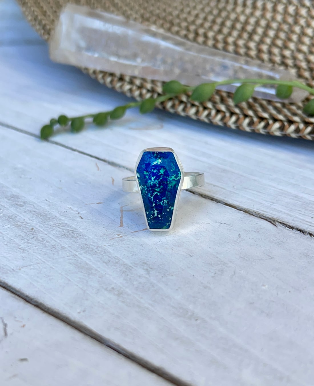 A blue azurite stone coffin ring in sterling silver