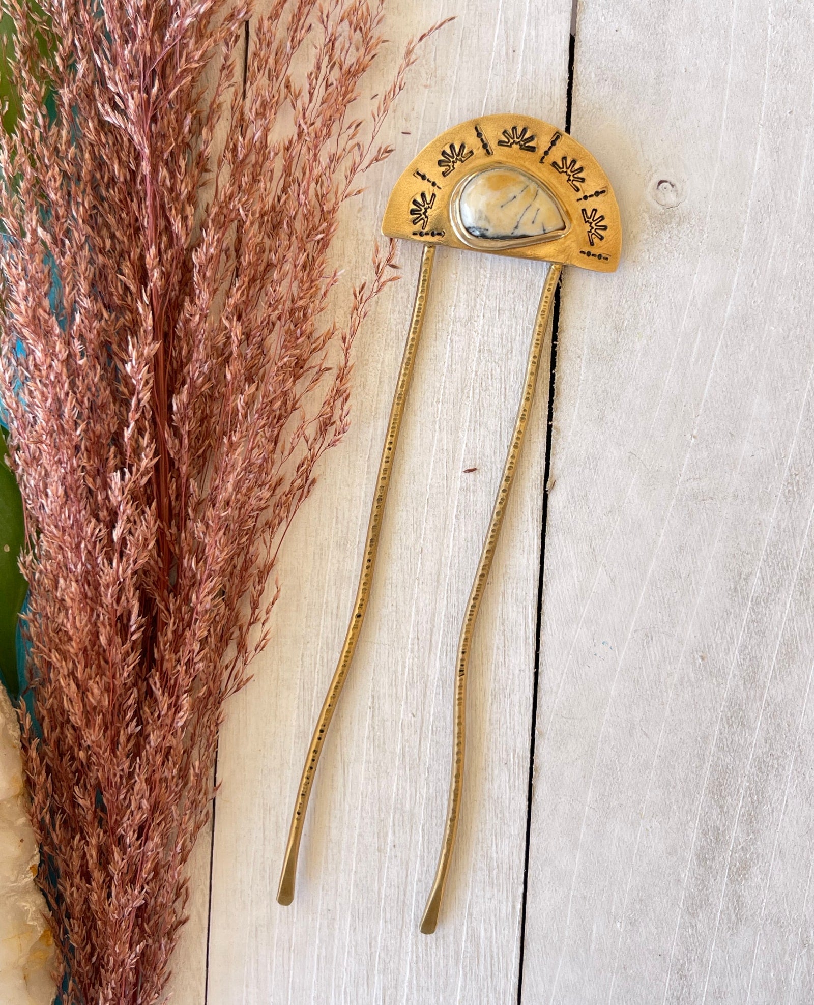 jasper stone half circle shaped and hand stamped brass hair fork