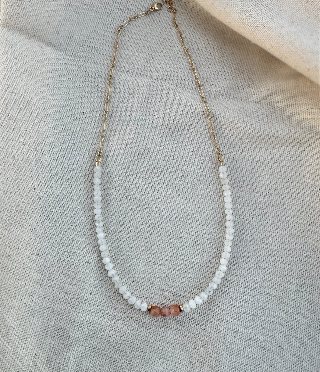 Moonstone and sunstone beaded gold fill necklace