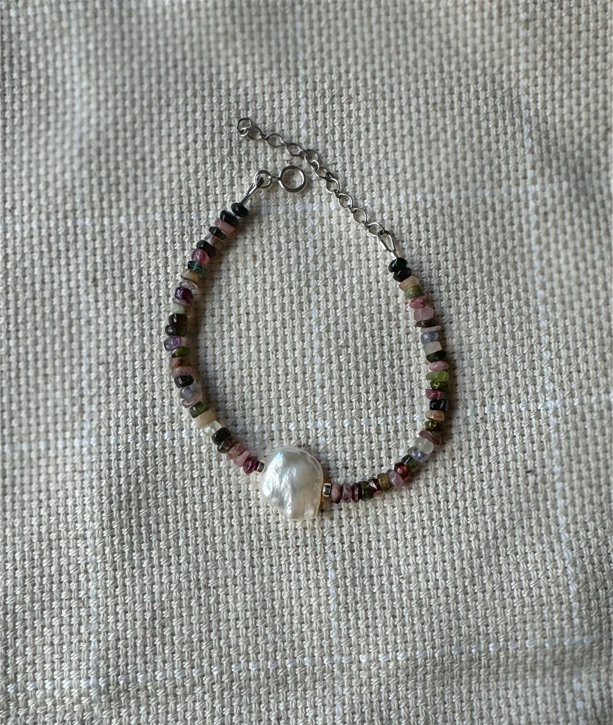 Tourmaline beads and a baroque pearl bracelet