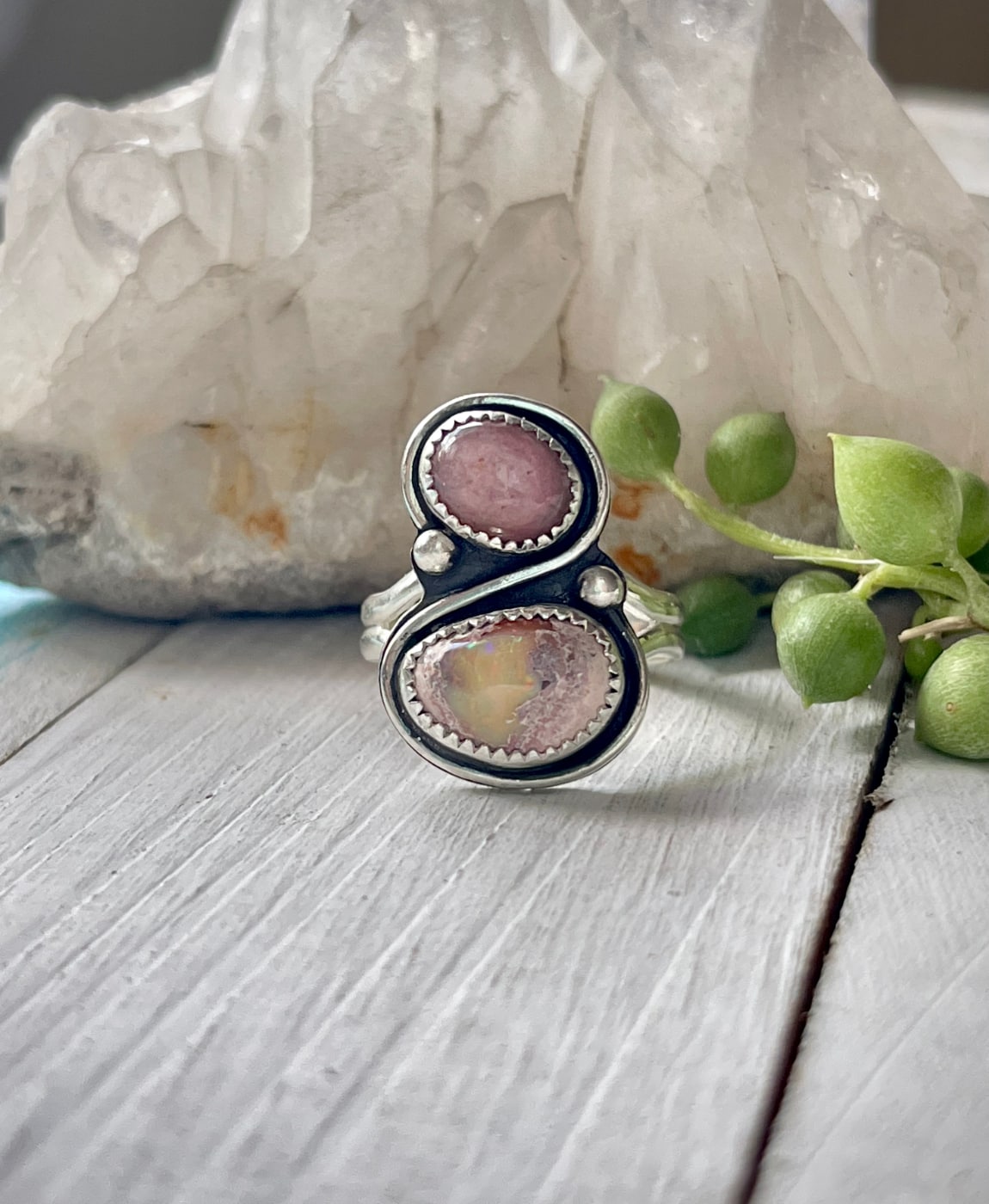 Tourmaline and mexican fire opal sterling ring size 8