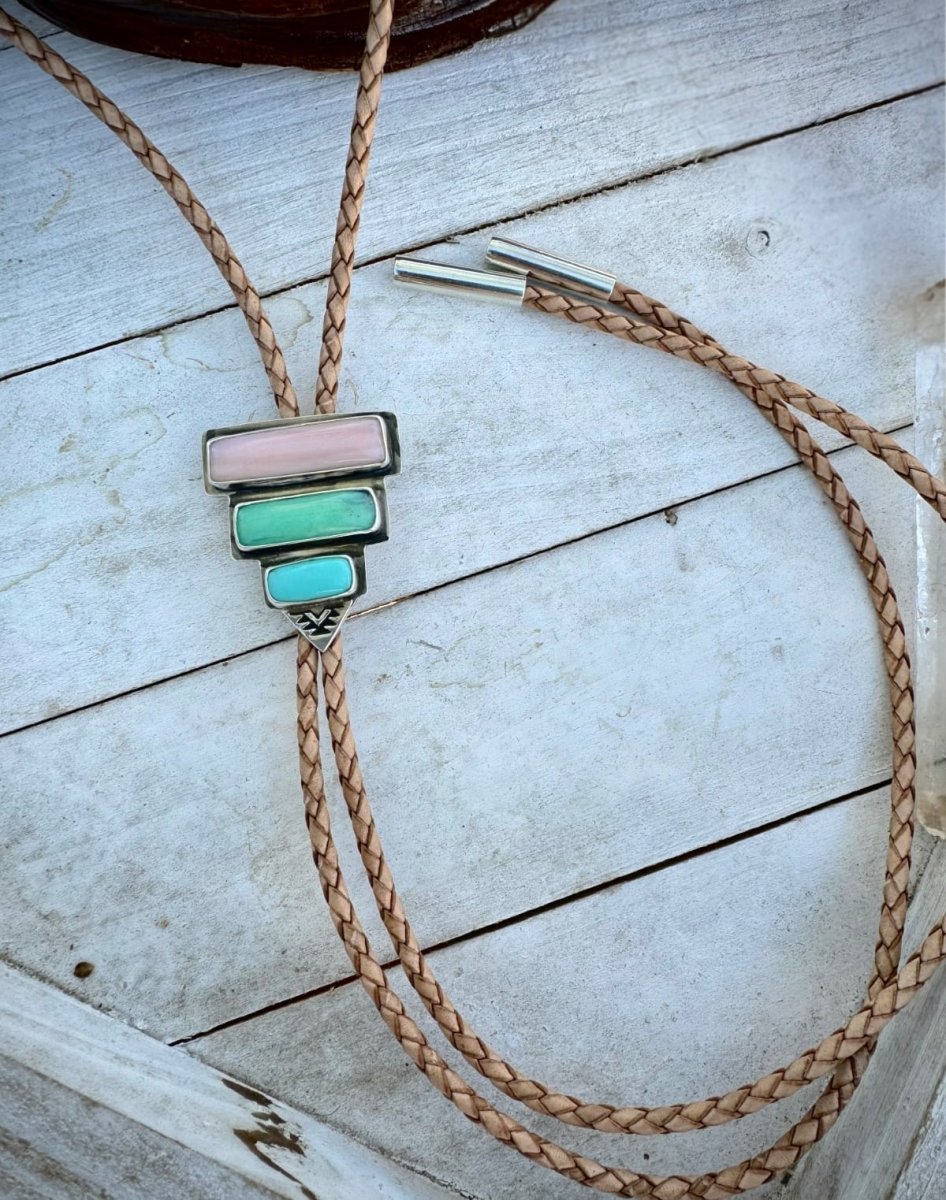 Turquoise, Chrysoprase & Pink Opal Bolo Tie - Sky Island Jewelry