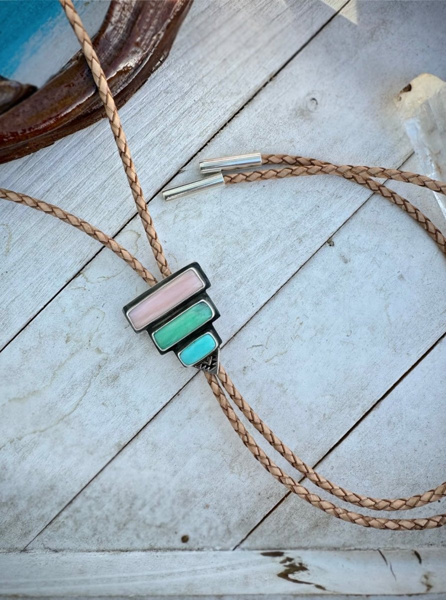 Turquoise, Chrysoprase & Pink Opal Bolo Tie - Sky Island Jewelry
