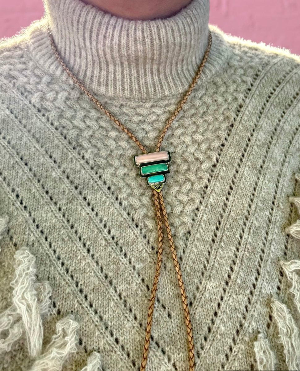 Turquoise, Chrysoprase & Pink Opal Bolo Tie - Sky Island Jewelry