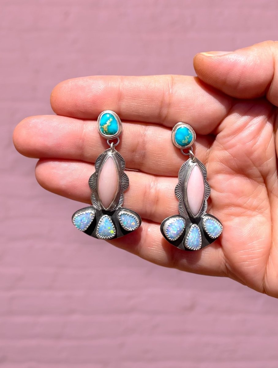Turquoise, Pink Opal & Boulder Opal Doublet Earrings - Sky Island Jewelry