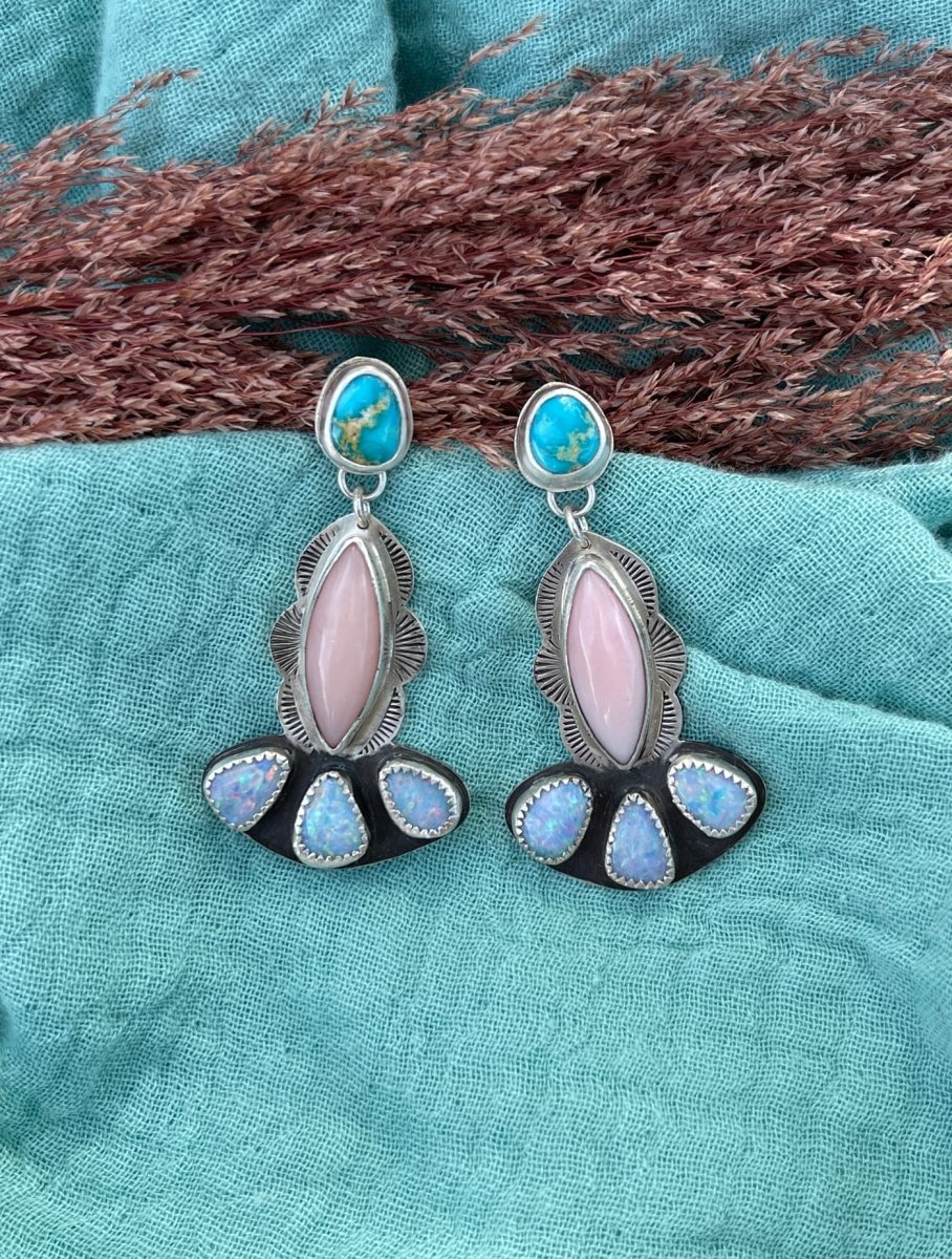 Turquoise, Pink Opal & Boulder Opal Doublet Earrings - Sky Island Jewelry